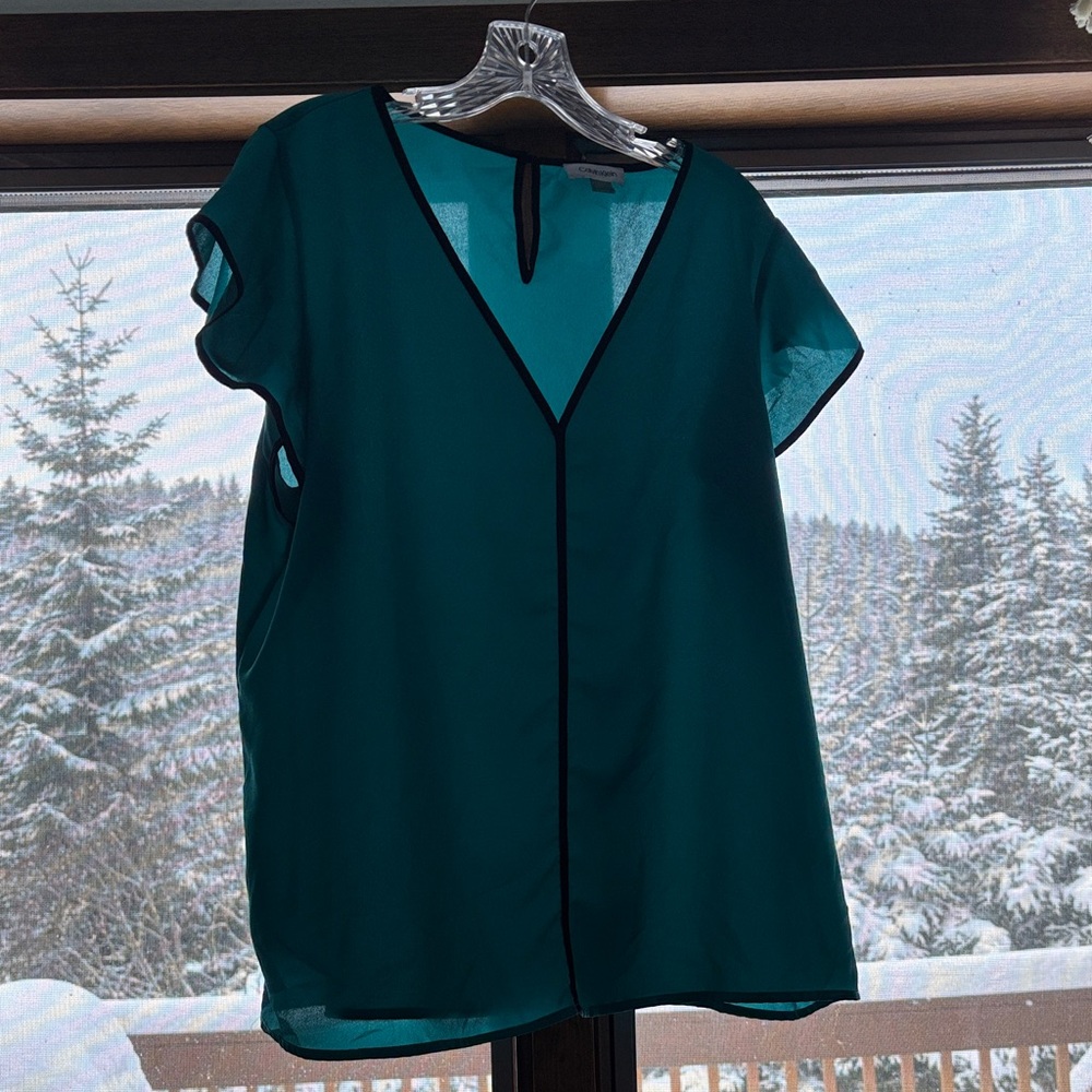 Calvin Klein Teal Blouse with Black Piping
